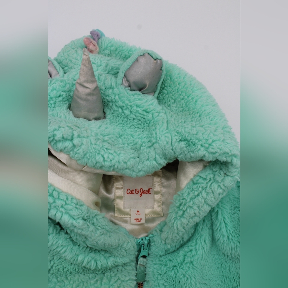 Cat & Jack Girls Medium Mint Fuzzy Unicorn Hooded Zip Jacket - Picture 2 of 8
